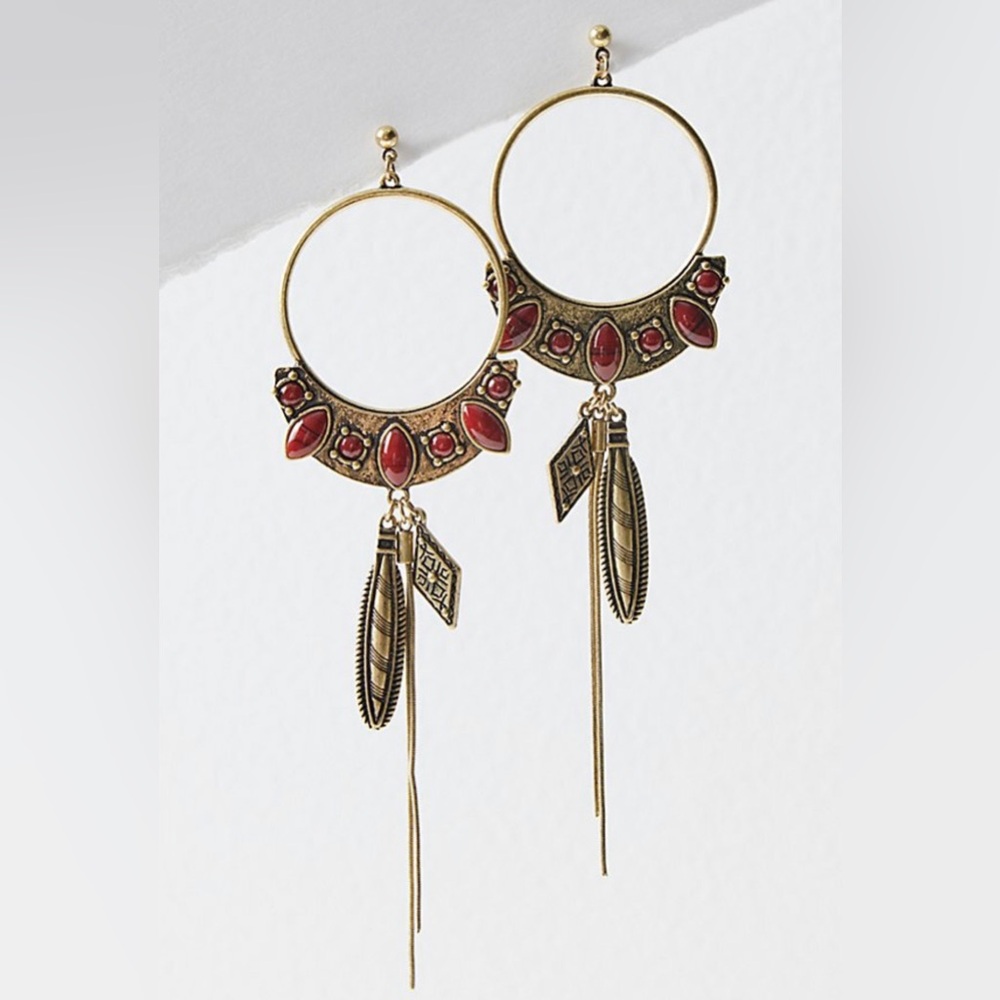 Free People Winona Hoop Brass Gold and Jasper Earrings Western Feather Boho NWT